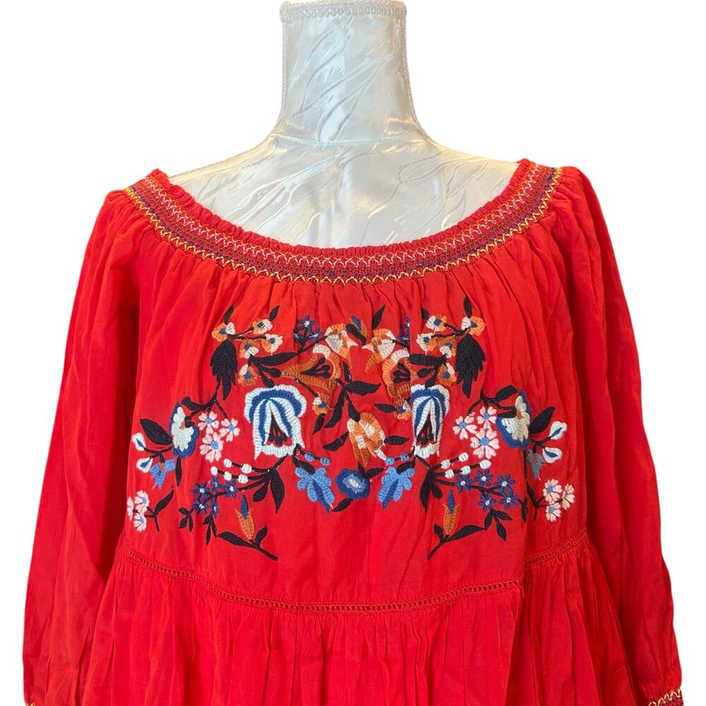 Free People Red Tiered Mini Dress Womens Sz Medium Sunbeams Embroidered Boho - Picture 6 of 16